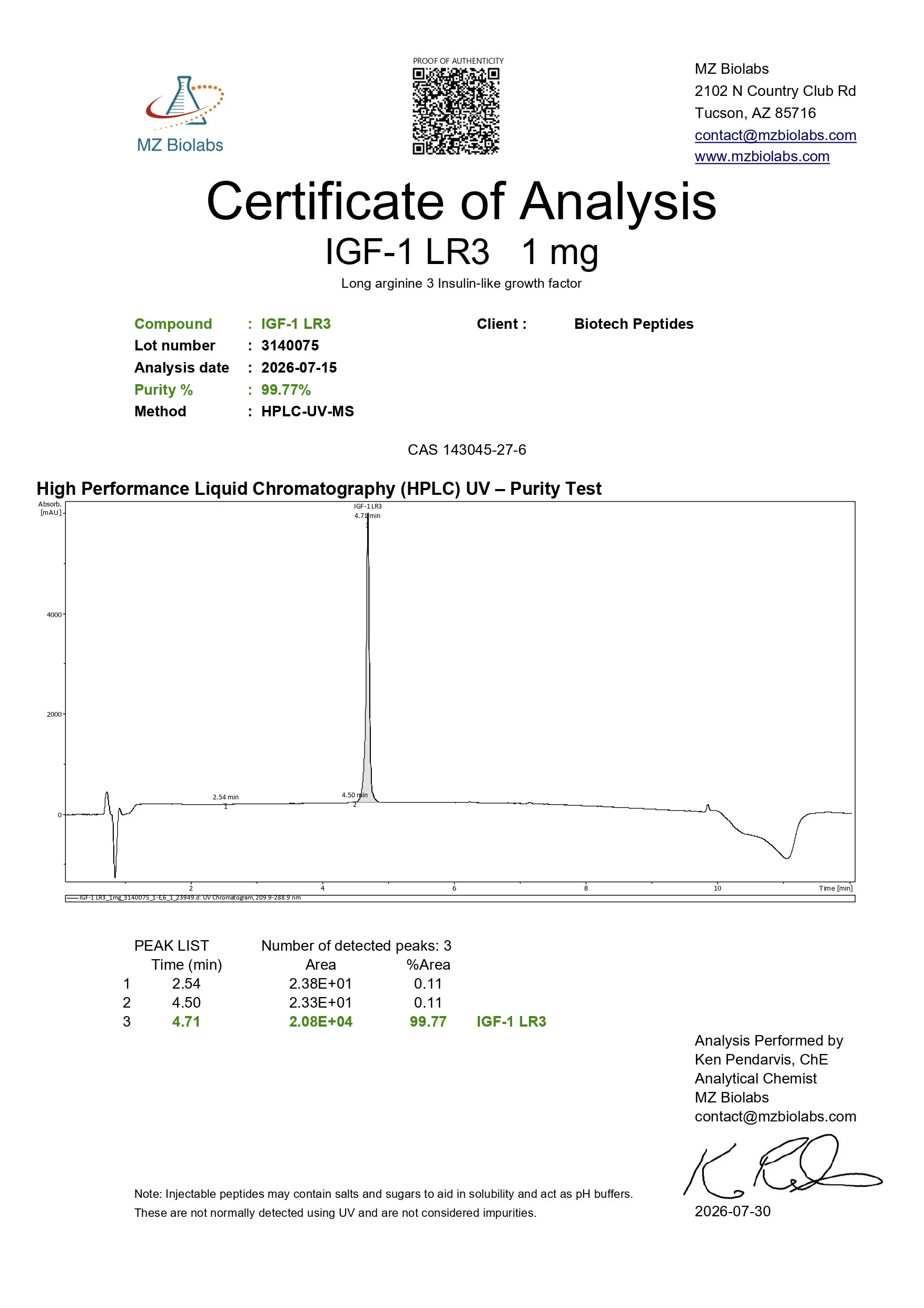 Buy Receptor Grade IGF-1 LR3 (1mg)