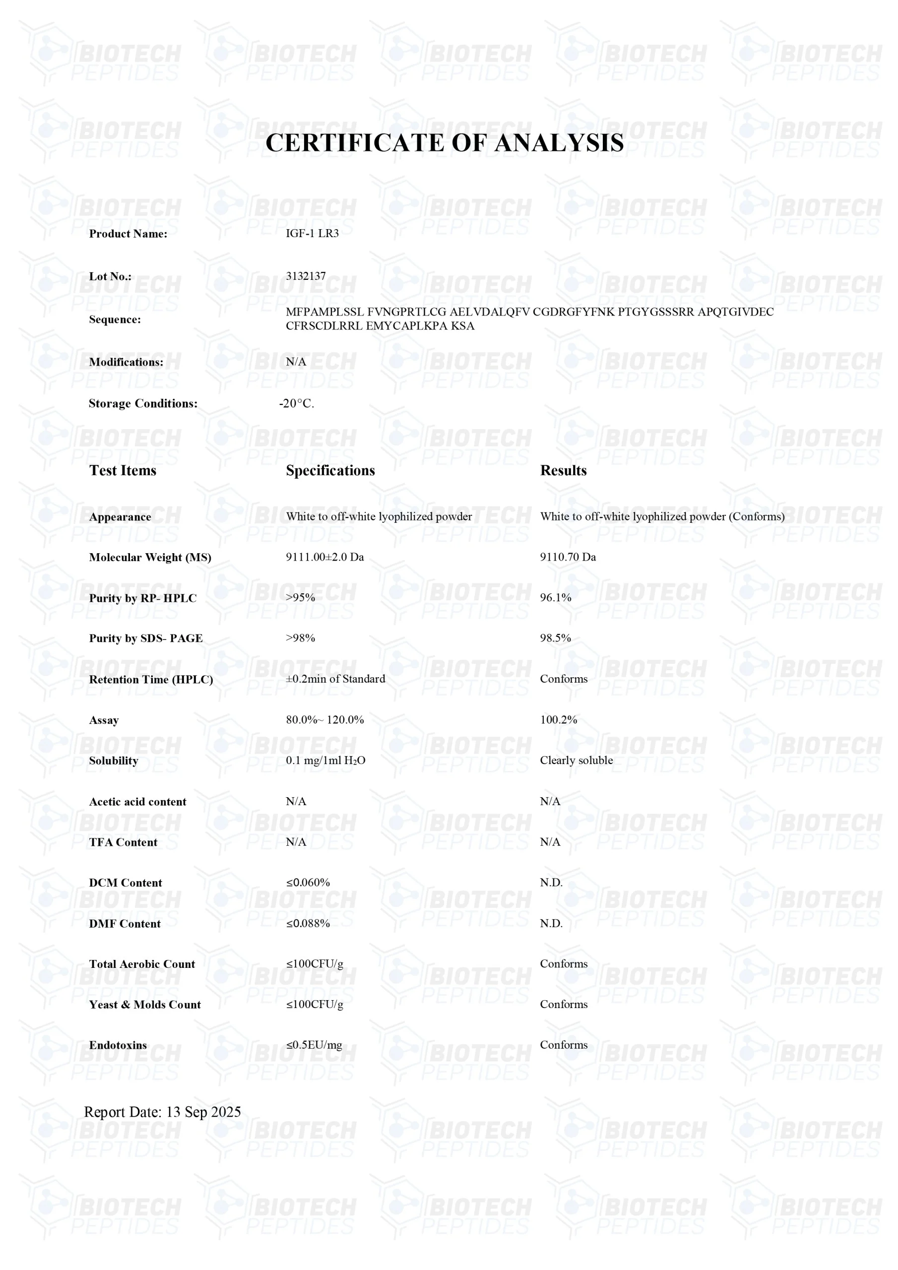 Receptor Grade IGF-1 LR3 (100mcg) - COA