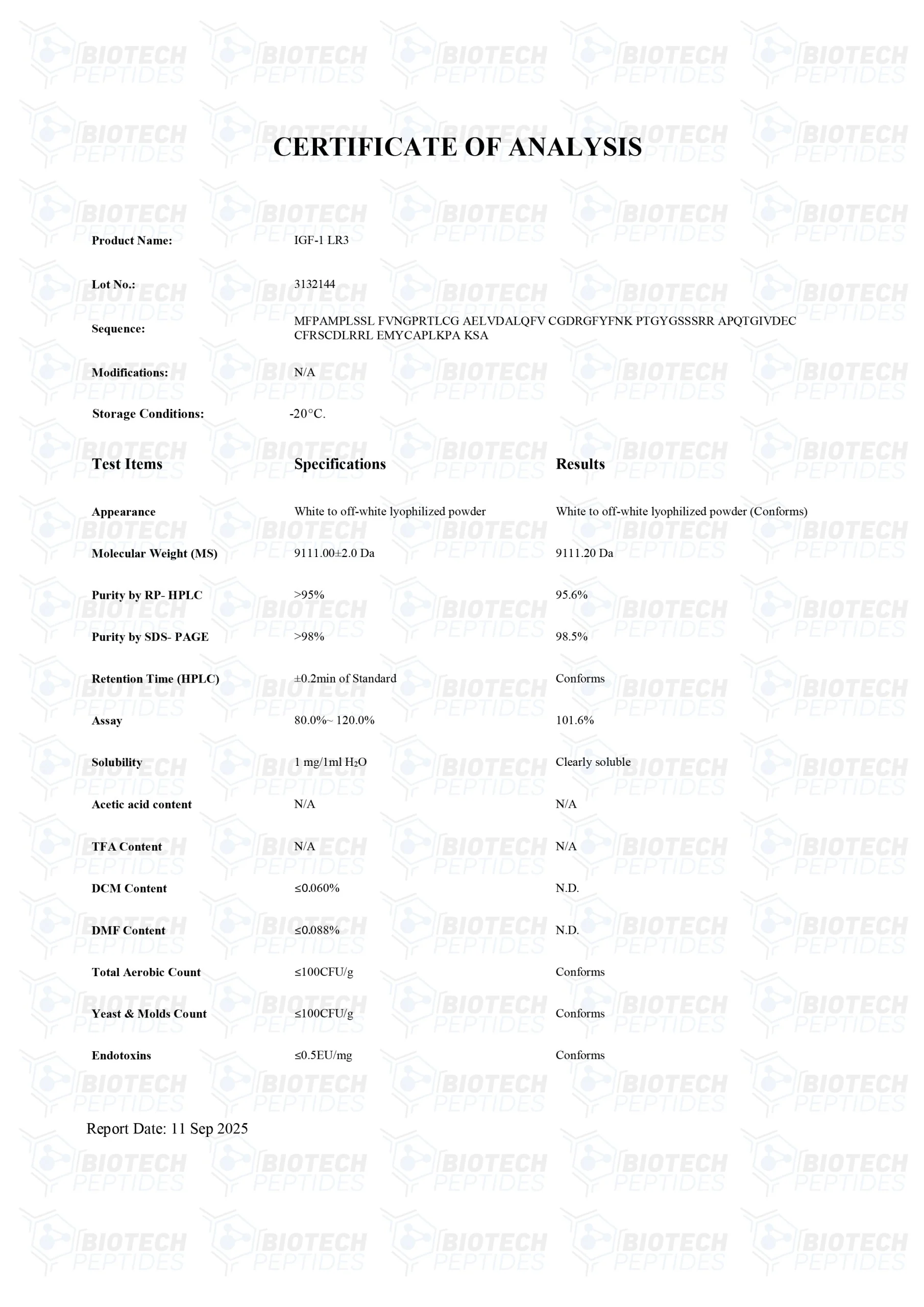 Receptor Grade IGF-1 LR3 (1mg) - COA