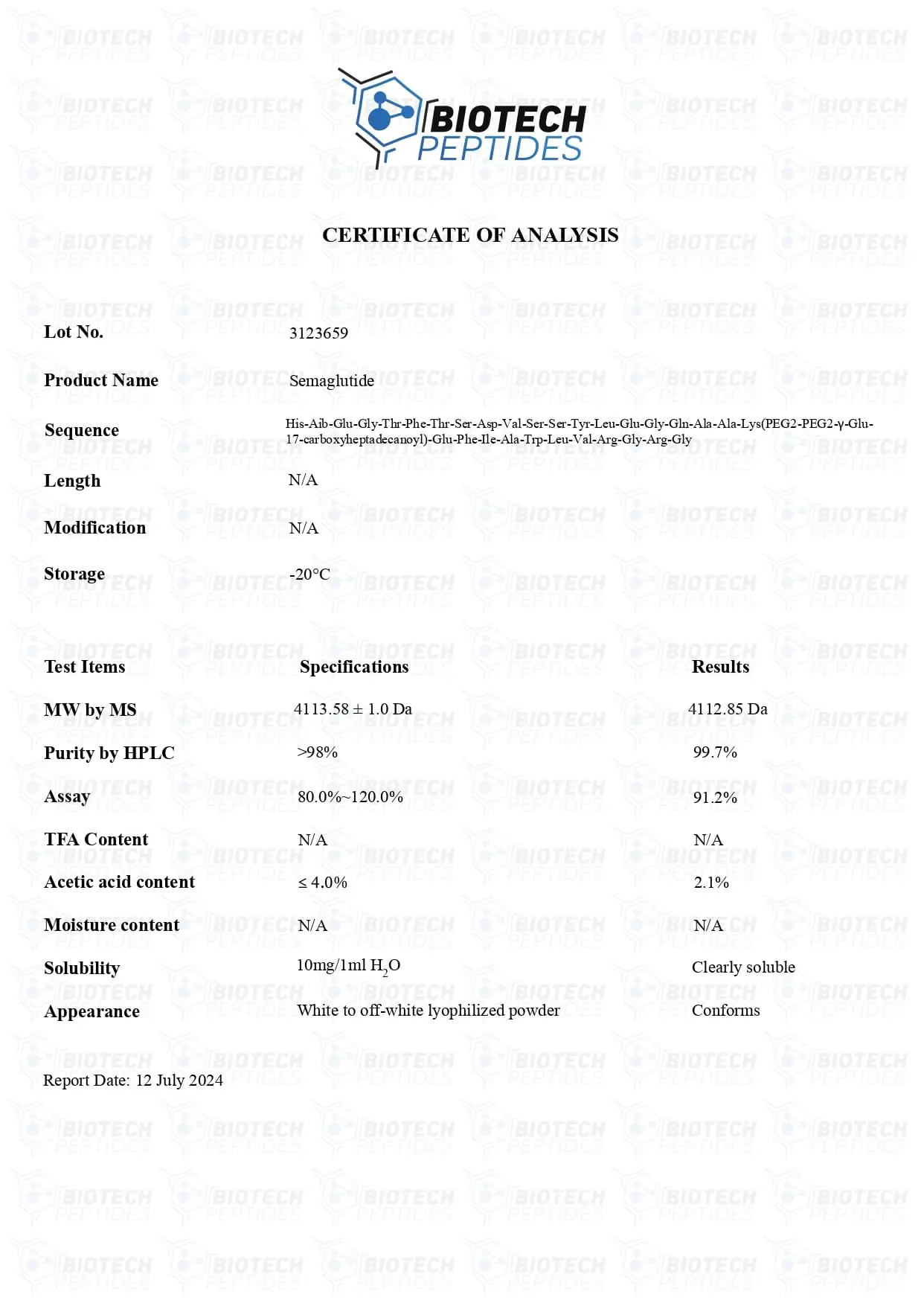 Semaglutide 10mg COA