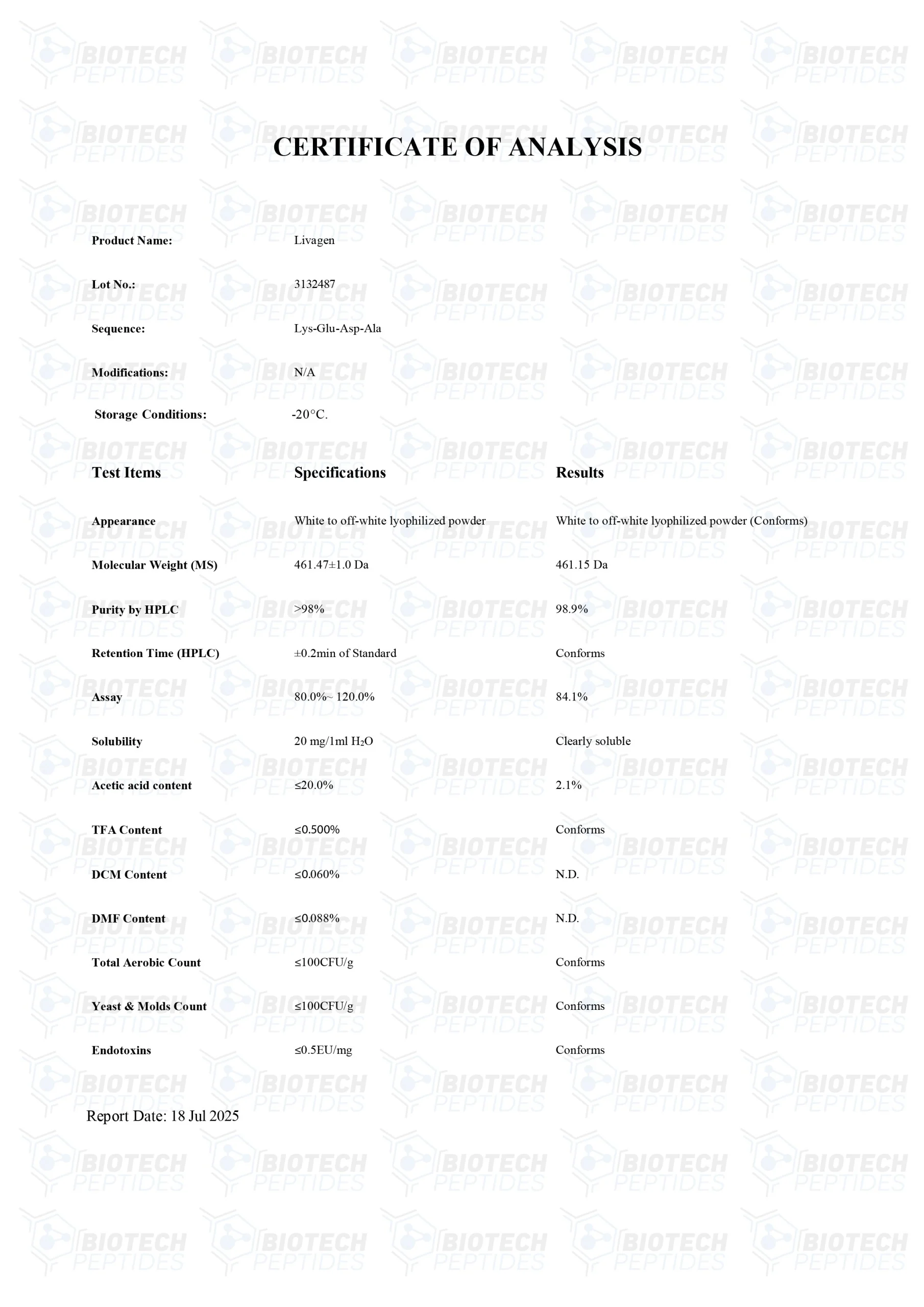 Livagen (20mg) - COA