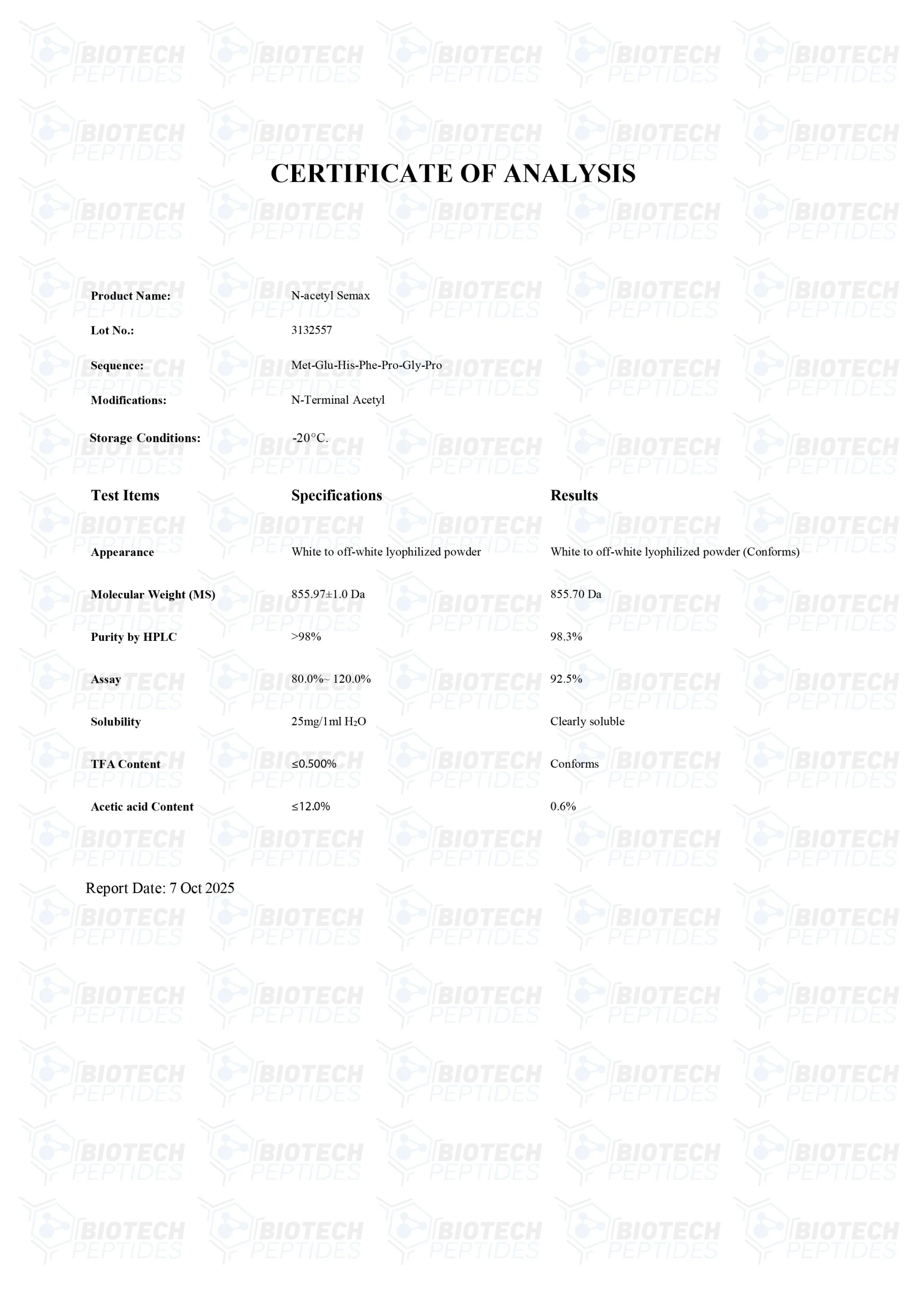 N-Acetyl Semax (25mg) - COA