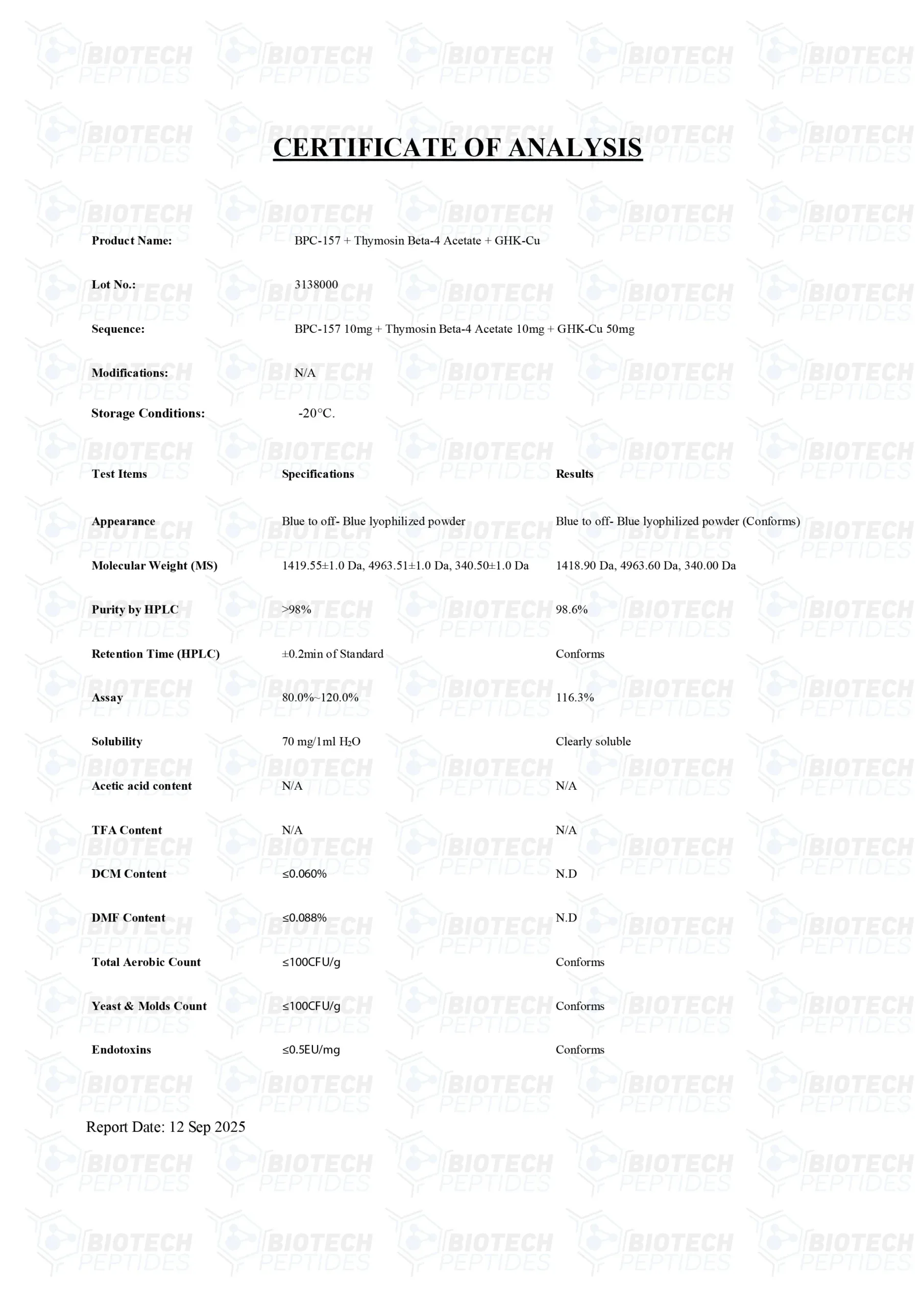 BPC-157 & TB-500 & GHK-Cu (70mg) - COA
